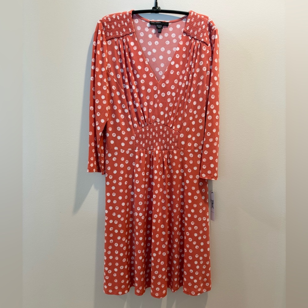 Maggy London Coral Polka Dot Long Sleeve Midi Dress